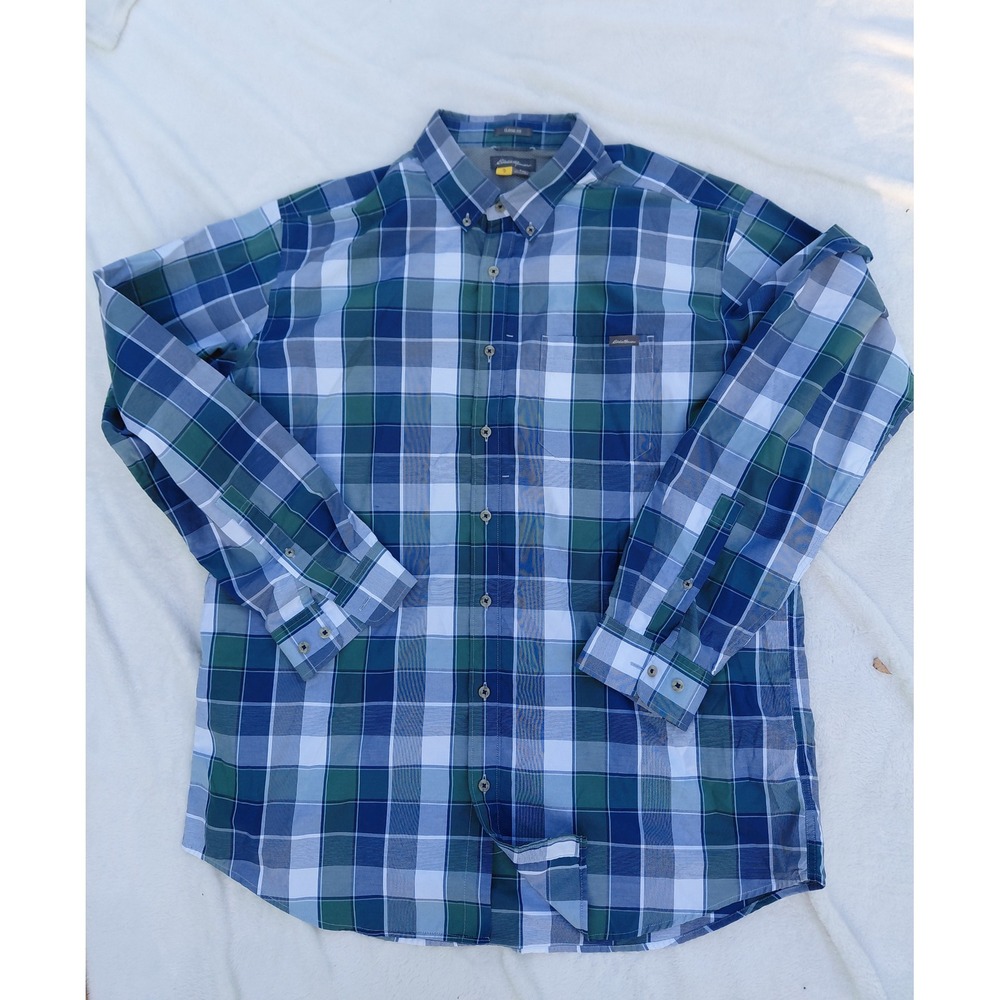 Eddie Bauer Mens XL Tall Plaid Button Down Shirt Blue Green Classic Fit Mesh